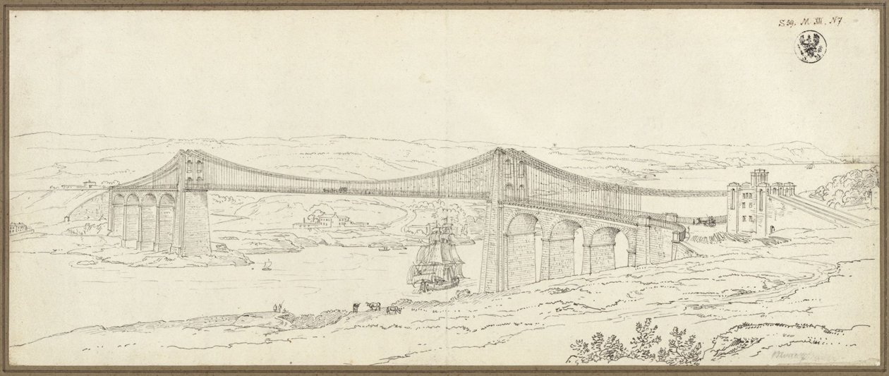 Gezicht op de hangbrug over de Menai Strait bij Bangor in Wales door Karl Friedrich Schinkel