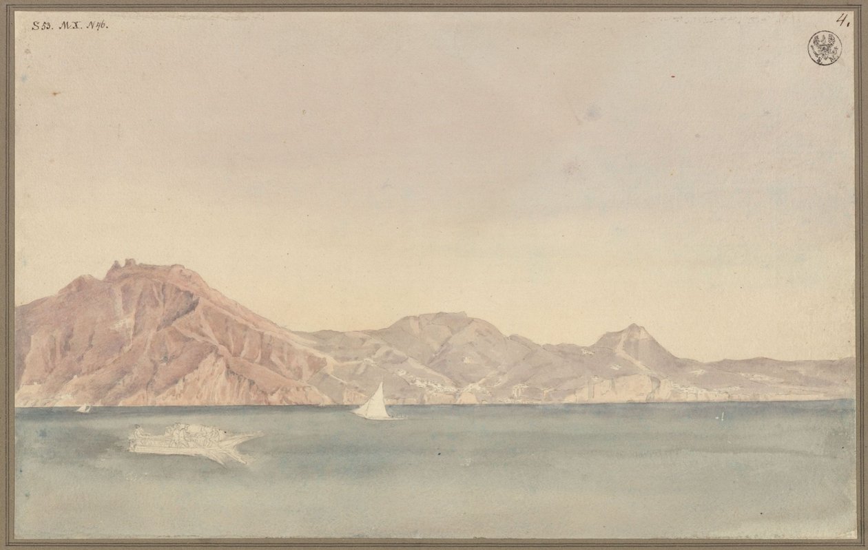 Uitzicht vanuit Schinkels woning in Napels op de kust bij Sorrento door Karl Friedrich Schinkel
