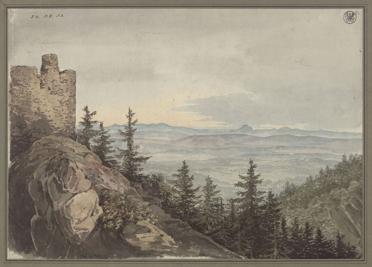 Gezicht vanaf de ruïne van Geiersburg op de vlakte van Teplitz met het klooster Maria Schein, met op de achtergrond het Boheems gebergte door Karl Friedrich Schinkel