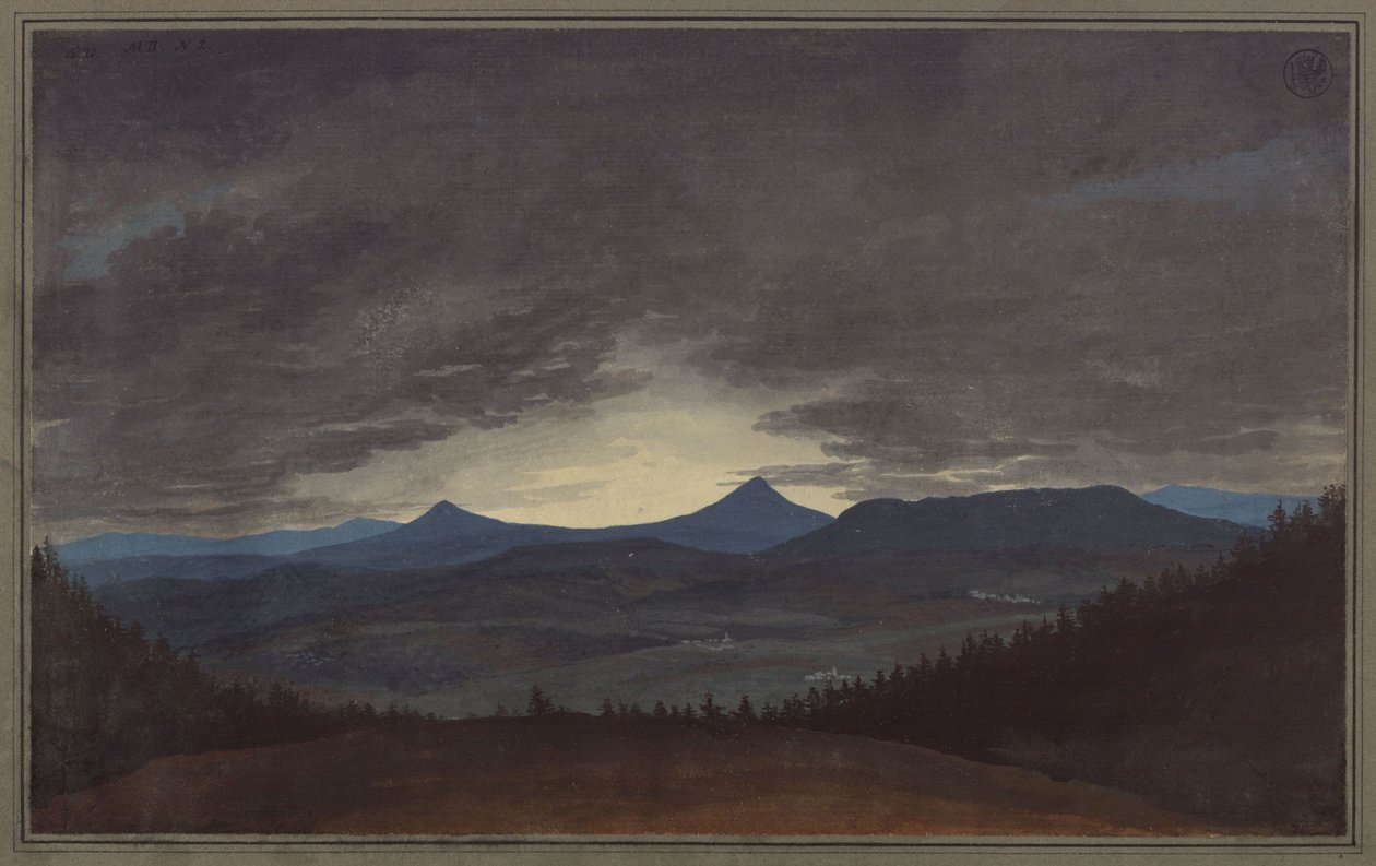 Boheems gebergte in de avondschemering door Karl Friedrich Schinkel