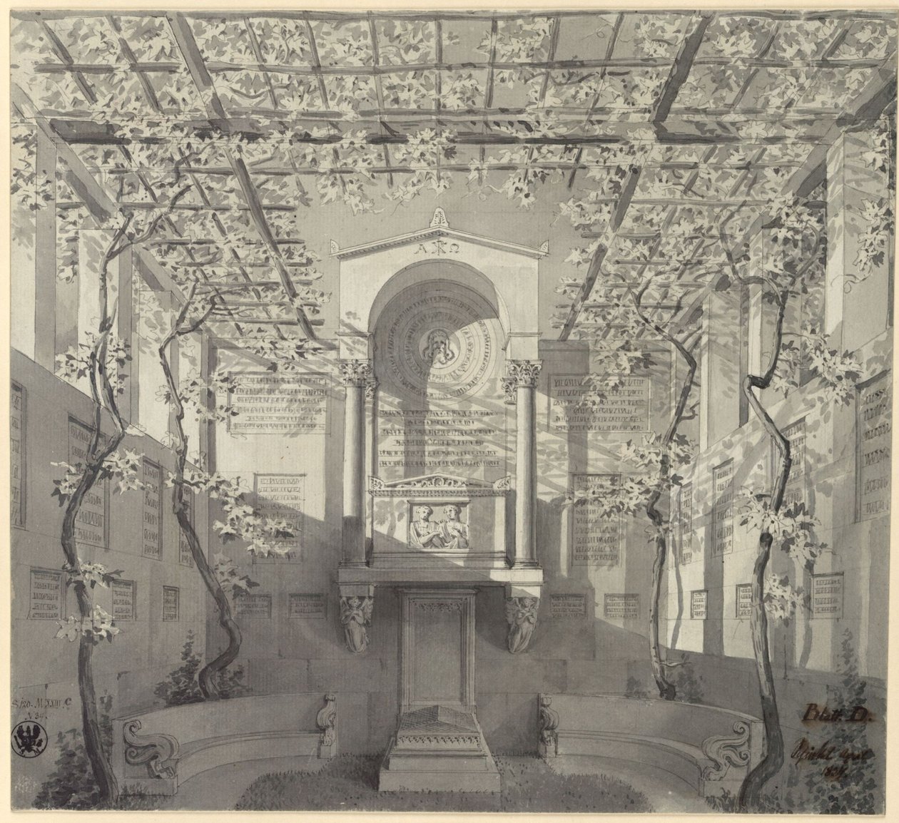 Bonn. Ontwerp voor het grafmonument van Barthold Georg Niebuhr, met pergola door Karl Friedrich Schinkel