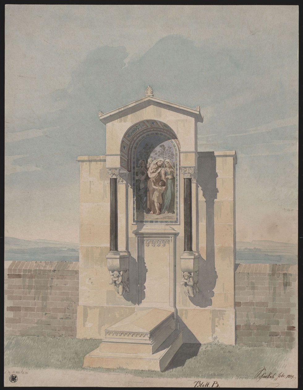 Bonn. Ontwerp voor het grafmonument van Barthold Georg Niebuhr, met de afbeelding van de christelijke deugden „Geloof, Liefde, Hoop” door Karl Friedrich Schinkel