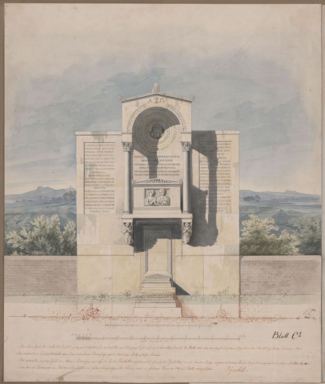 Bonn. Ontwerp voor het grafmonument van Barthold Georg Niebuhr, met een reliëfportret van het echtpaar door Karl Friedrich Schinkel