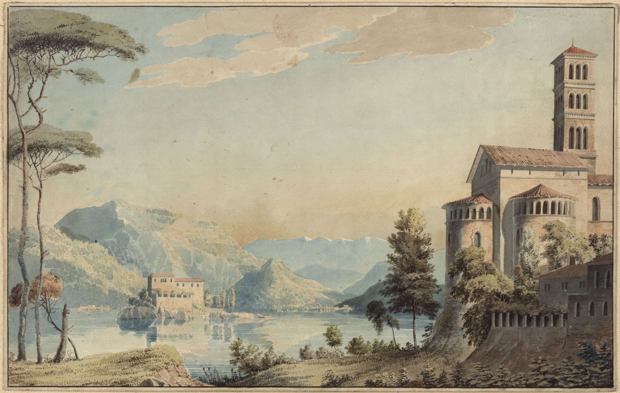 Decoratie voor algemeen gebruik. Landschap met meer en kerk door Karl Friedrich Schinkel