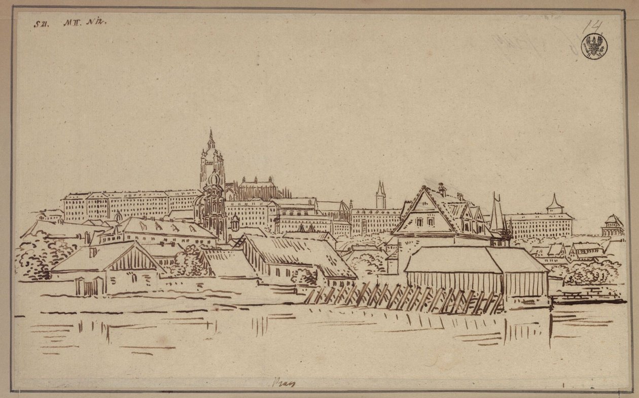De Hradčany in Praag, met gebouwen in Malá Strana op de voorgrond door Karl Friedrich Schinkel