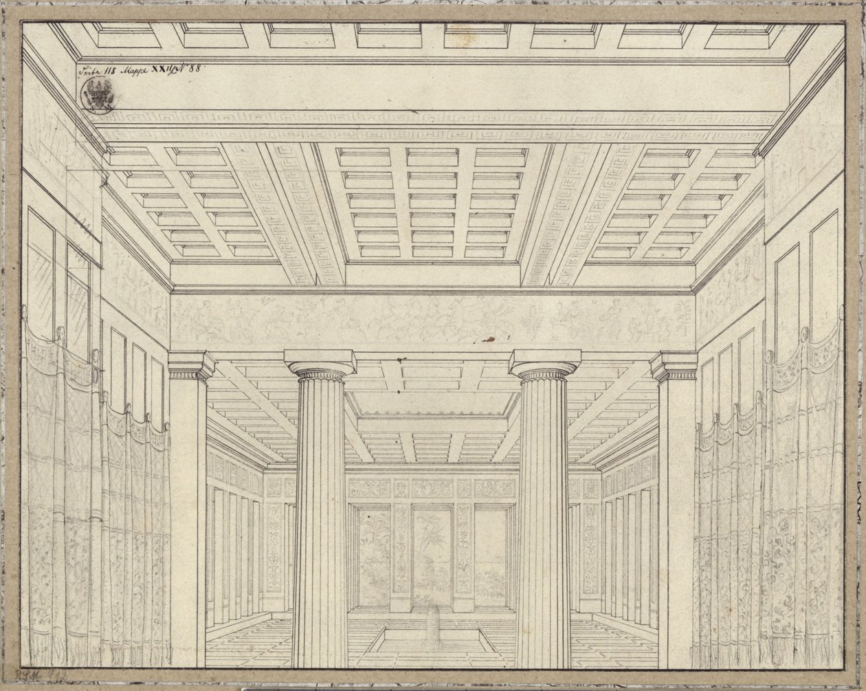 Dido. Opera van Bernhard Klein. Ontwerp voor de 3e decoratie. Vertrek in het paleis door Karl Friedrich Schinkel