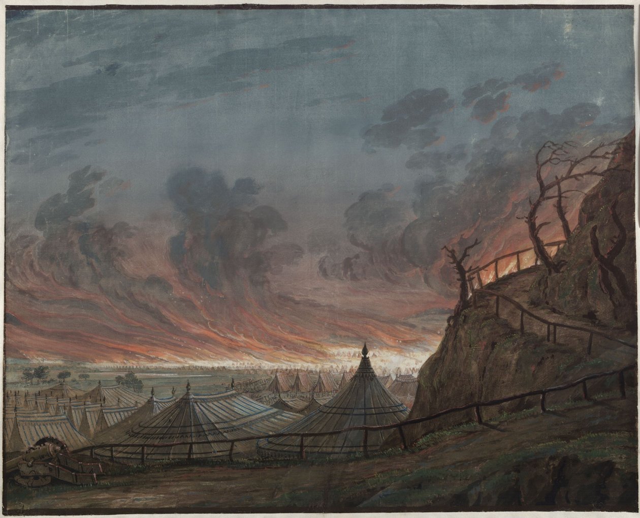 De Maagd van Orléans. Treurspel van Friedrich Schiller. Ontwerp voor de 4e decoratie. Het brandende kamp van de Engelsen door Karl Friedrich Schinkel