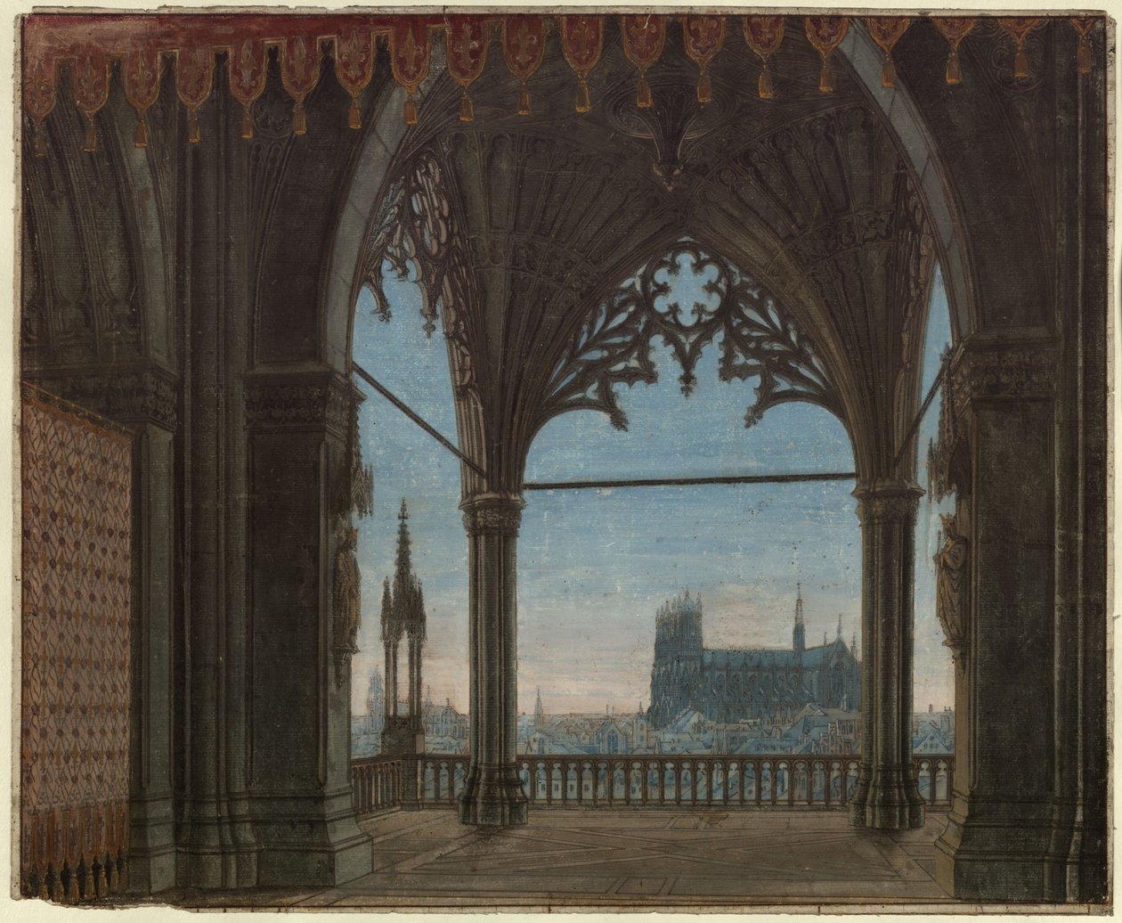 De Maagd van Orléans. Tragedie van Friedrich Schiller. Ontwerp voor het 8e decor. Gotische hal met uitzicht op Reims door Karl Friedrich Schinkel