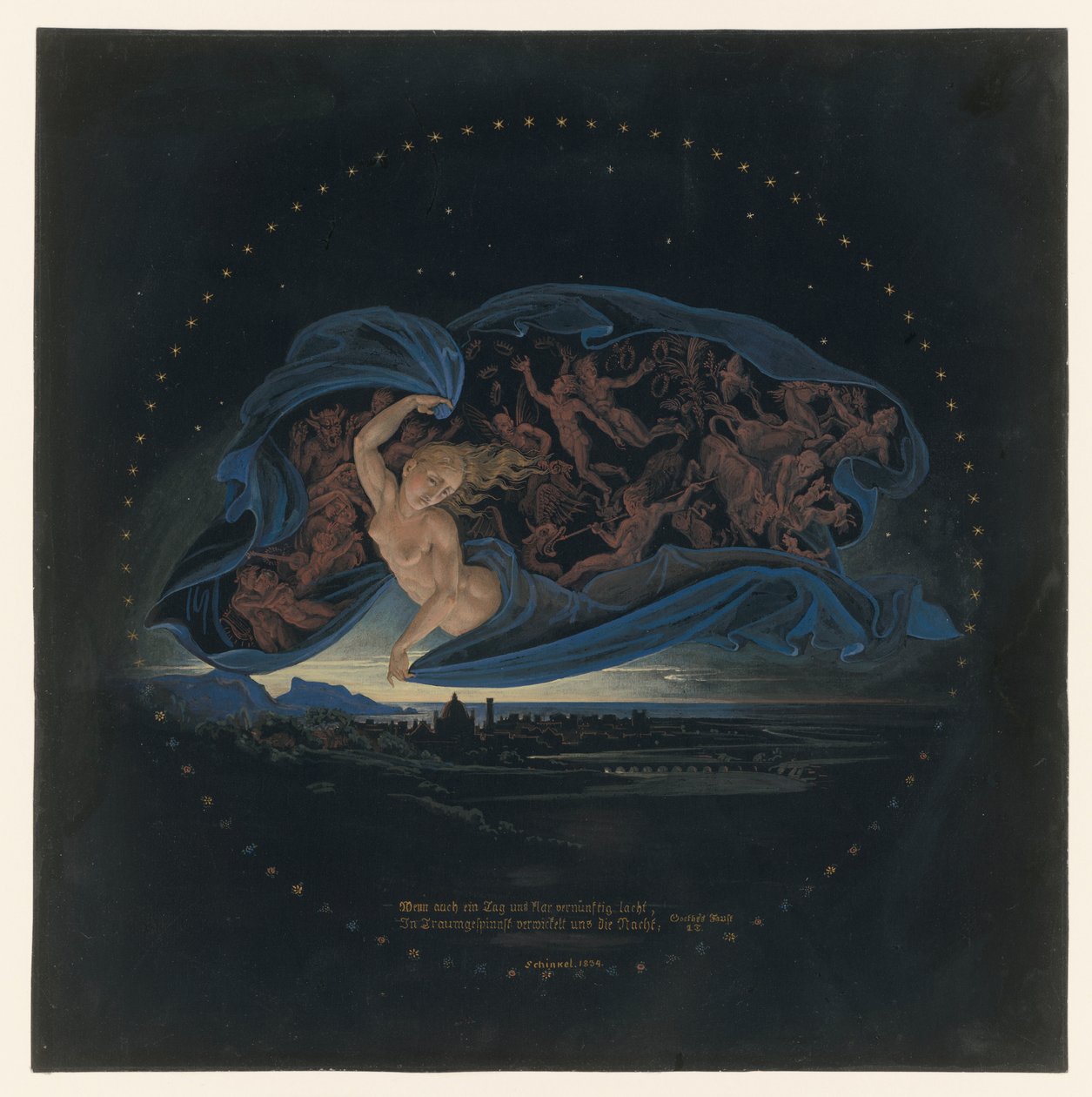 De nacht daalt neer over de Golf van Napels door Karl Friedrich Schinkel