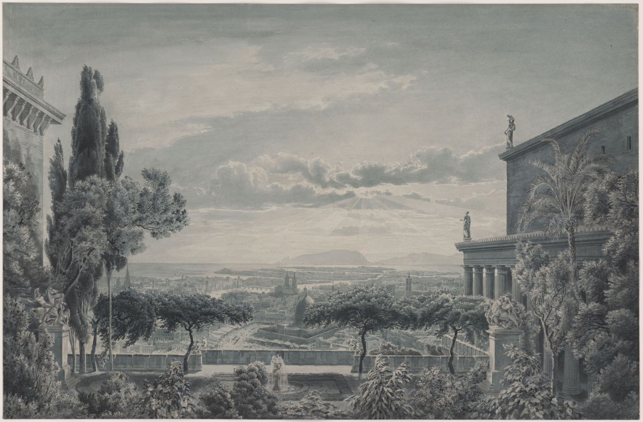 De residentie van een vorst. Privétuin van het vorstenpaar met uitzicht op de stad en de zee door Karl Friedrich Schinkel
