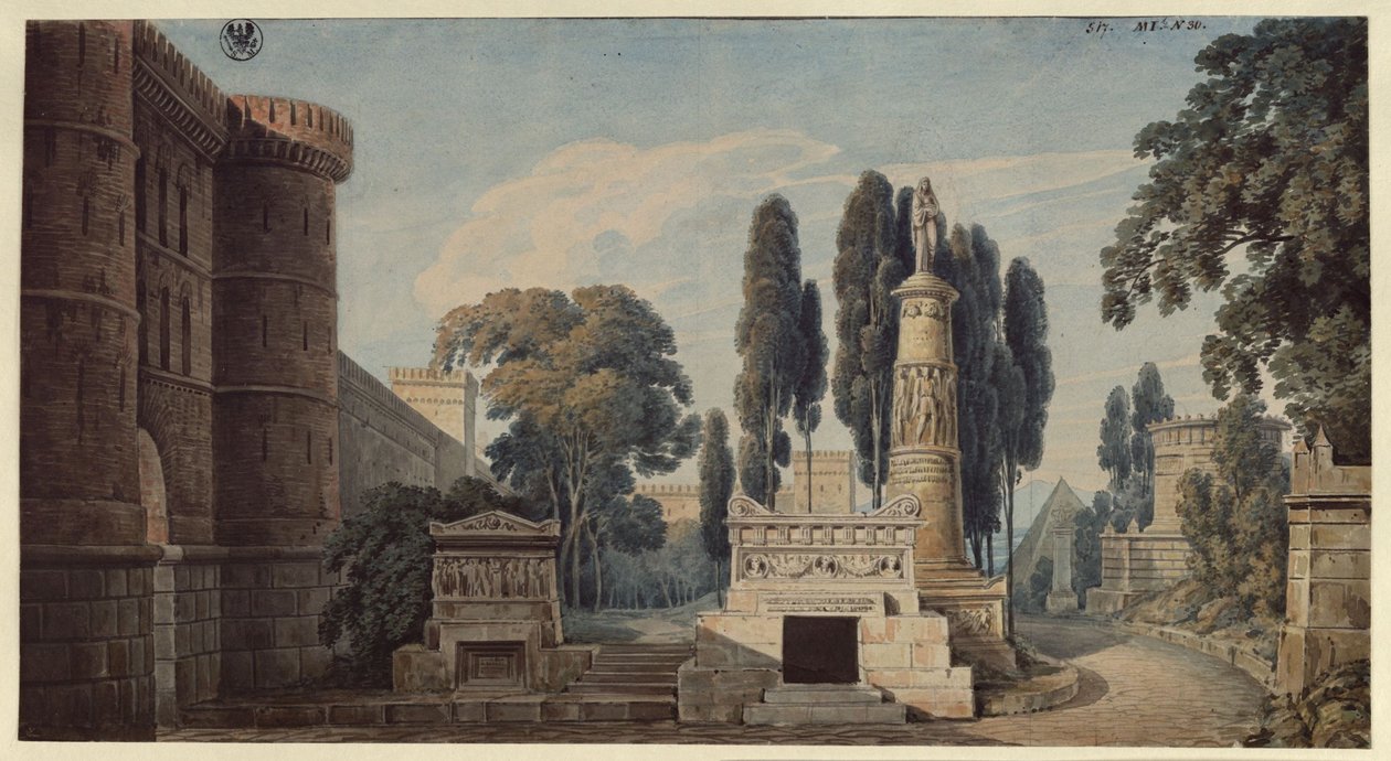 De Vestaalse maagd. Opera van Gaspare Spontini. Ontwerp voor het 3e decor. Gezicht op een antieke Romeinse grafstraat door Karl Friedrich Schinkel