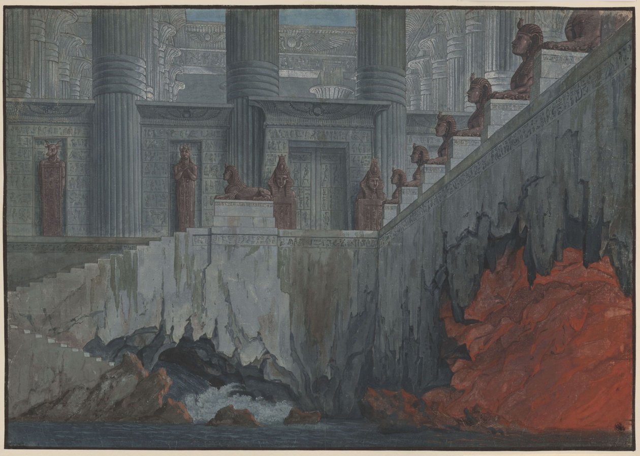 De toverfluit. Opera van Wolfgang Amadeus Mozart. Ontwerp voor het 11e decor. Tempel van vuur en water door Karl Friedrich Schinkel