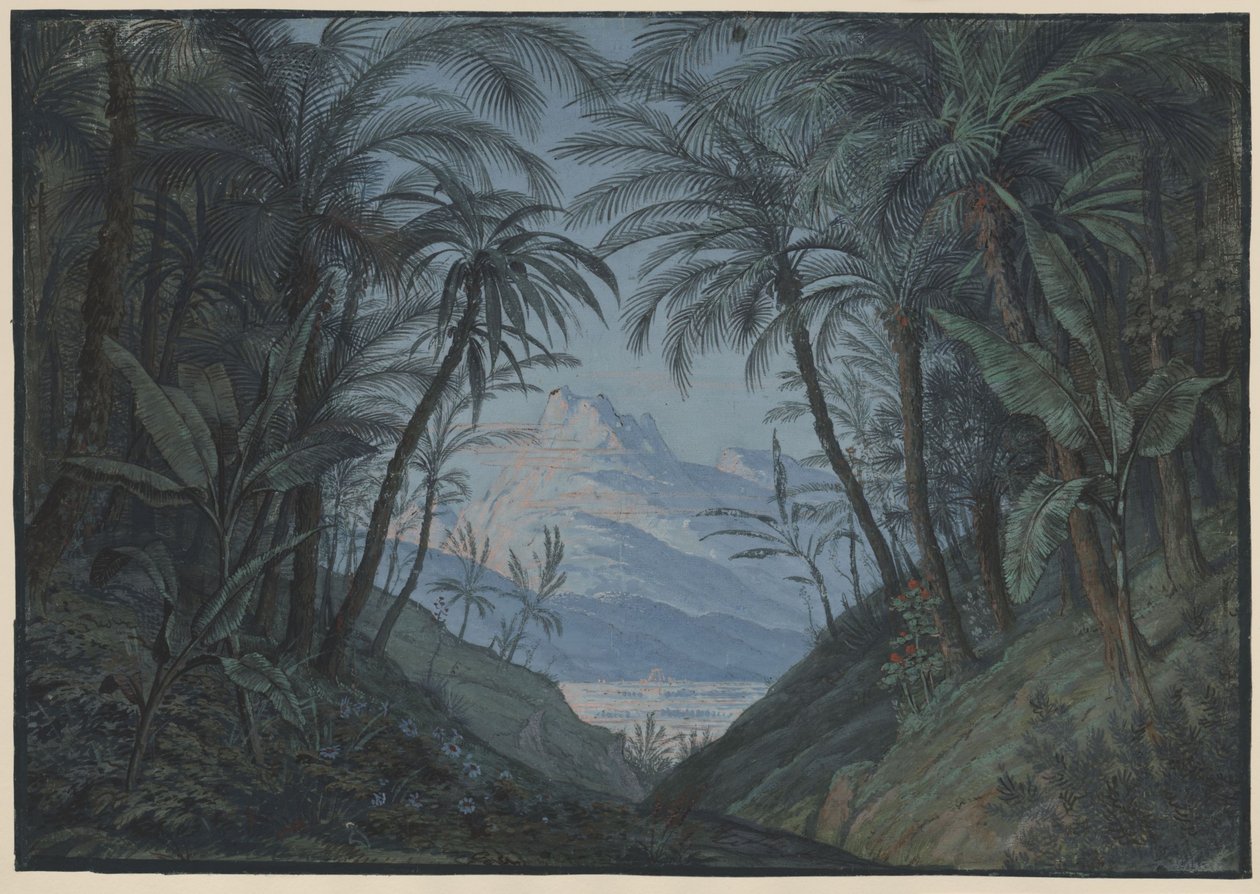 De Toverfluit. Opera van Wolfgang Amadeus Mozart. Ontwerp voor het 5e decor. Palmbos, plaats waar de priesters bijeenkomen door Karl Friedrich Schinkel