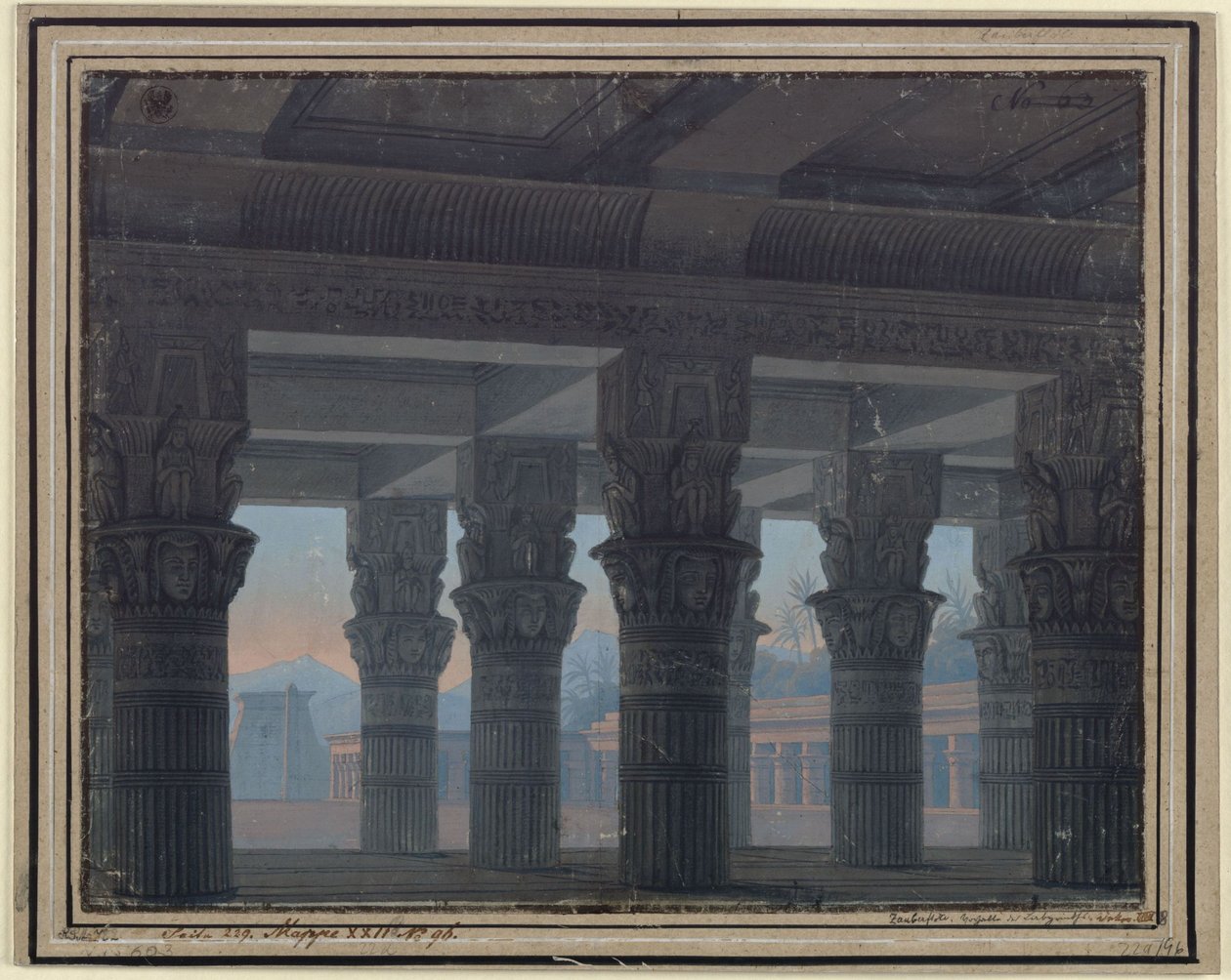 Die Zauberflöte. Opera van Wolfgang Amadeus Mozart. Ontwerp voor het 8e decor. Voorhal van het labyrint door Karl Friedrich Schinkel