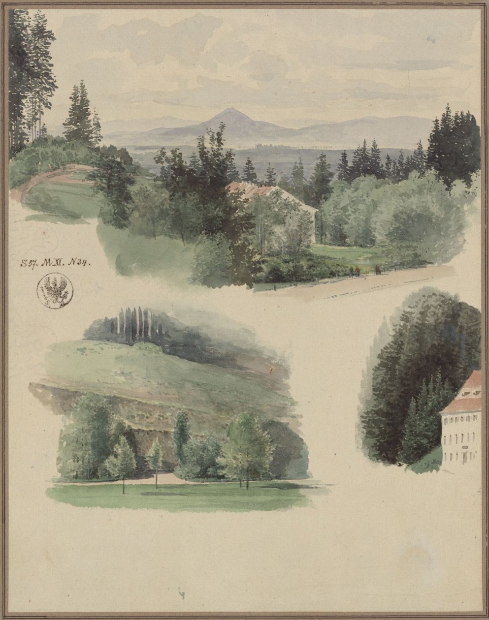 Drie landschapsstudies uit Marienbad in Tsjechië door Karl Friedrich Schinkel