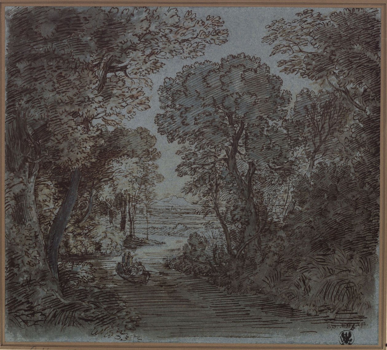 Een rivier onder de bomen met uitzicht op een berg in de verte door Karl Friedrich Schinkel