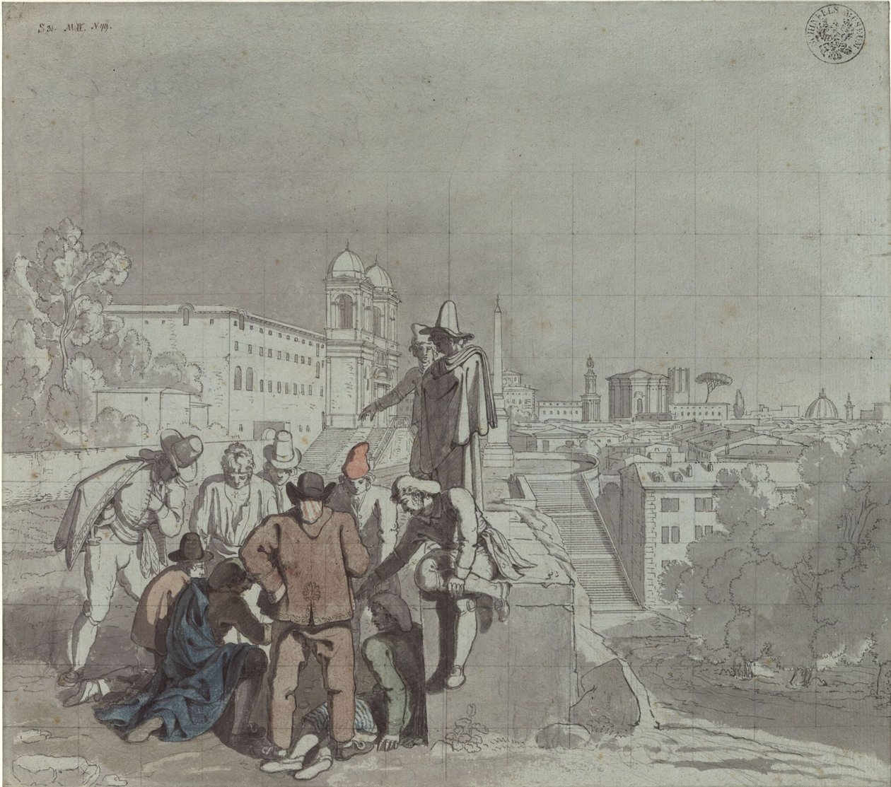 Een groep spelers met de kerk Santa Trinità dei Monti in Rome op de achtergrond door Karl Friedrich Schinkel