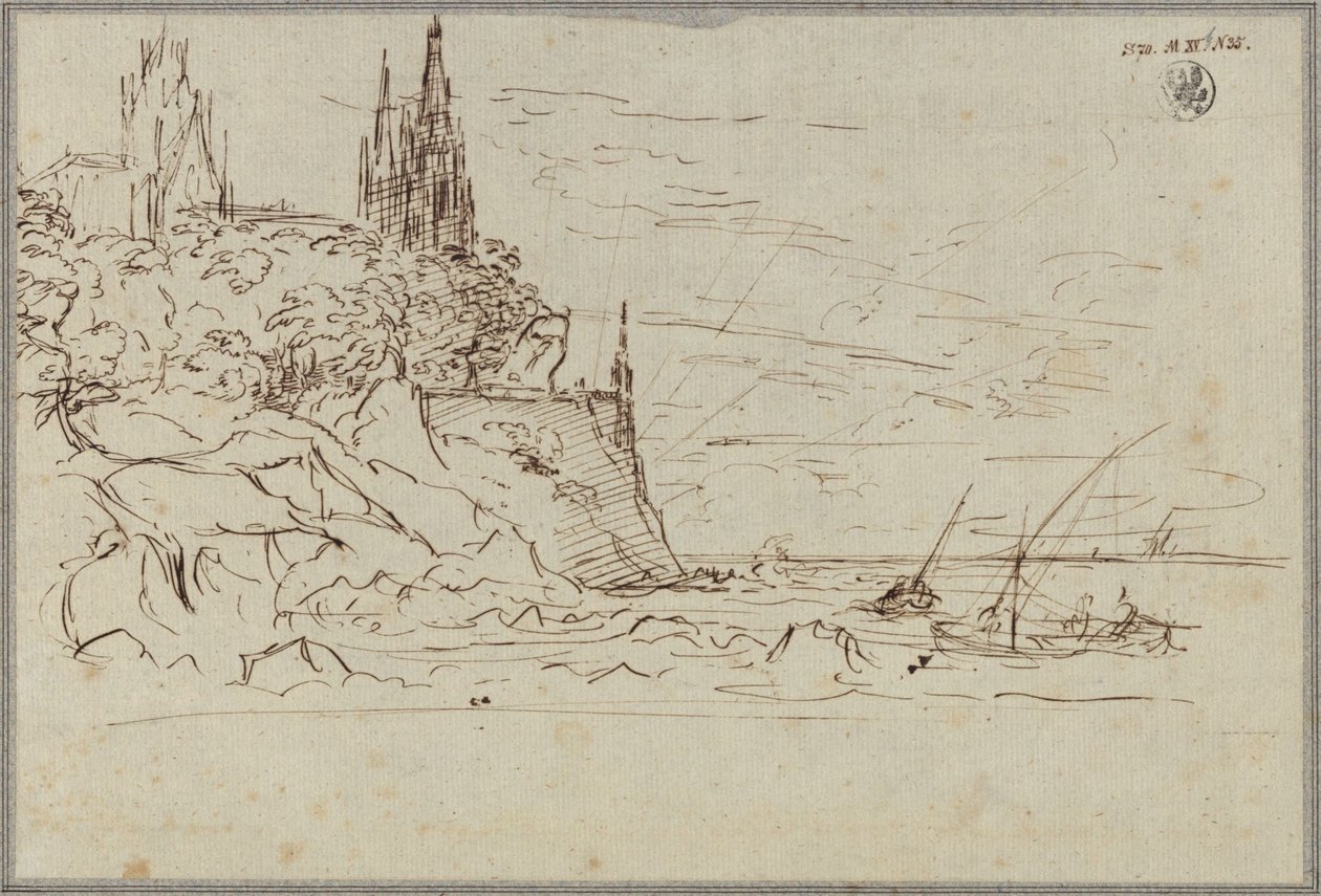 Een gotische kerk aan een steile zeekust door Karl Friedrich Schinkel