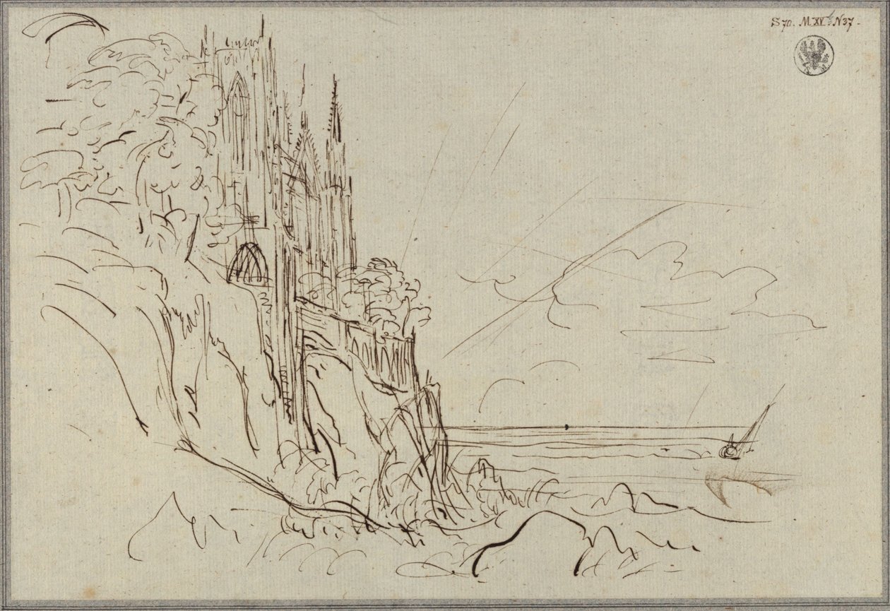 Een gotische kerk aan een steile zeekust voor de opgaande zon door Karl Friedrich Schinkel