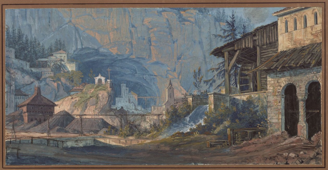 IJzermijn in Catalonië. Buitenaanzicht door Karl Friedrich Schinkel