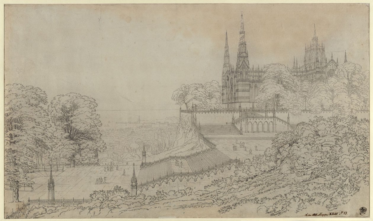 “Ontwerp voor een theaterdecor, een kathedraal op de hoogte boven een grote aan zee gelegen stad” / Grote compositie zoals de Dom van Milaan opgesteld zou moeten zijn door Karl Friedrich Schinkel