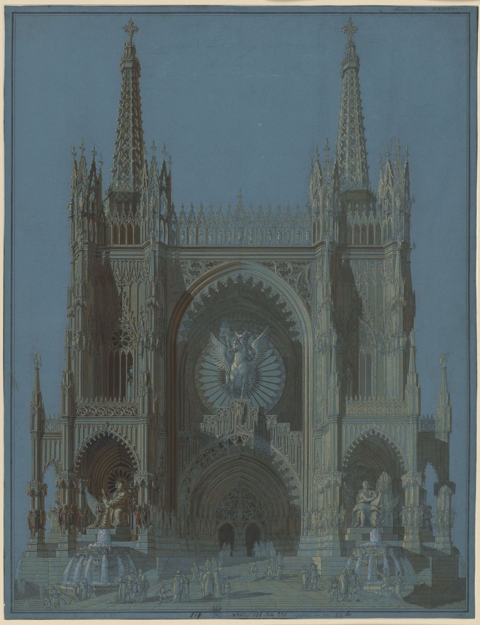 Gevel van een gotische kathedraal met twee torens door Karl Friedrich Schinkel