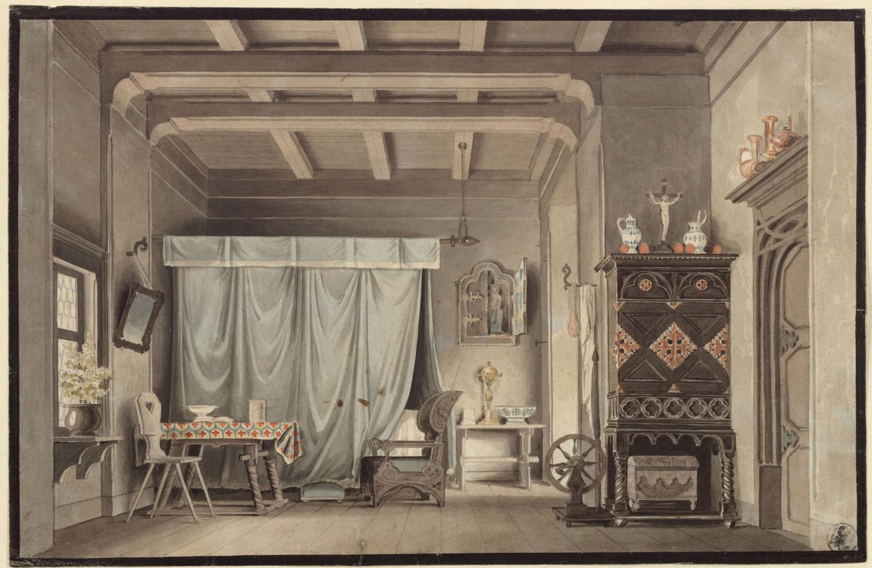 Faust. Drama van Johann Wolfgang von Goethe. Ontwerp voor een decor. Gretchens kamer door Karl Friedrich Schinkel