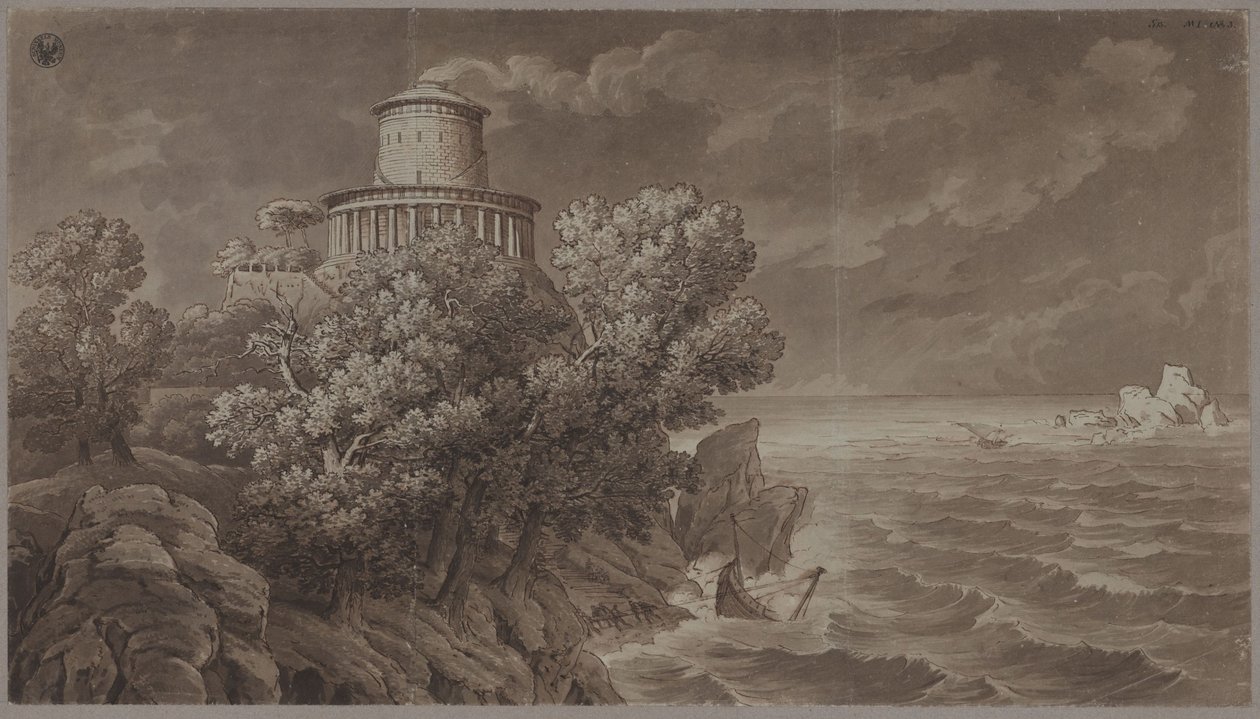 Rotsachtige zeekust met een vuurtoren in antieke stijl bij woelige zee door Karl Friedrich Schinkel