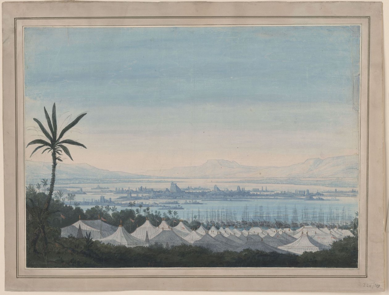 Fernand Cortez, of: De verovering van Mexico. Opera van Gaspare Spontini. Ontwerp voor het 2e decor. Gezicht op Mexico-Stad en het kamp van de Spanjaarden door Karl Friedrich Schinkel
