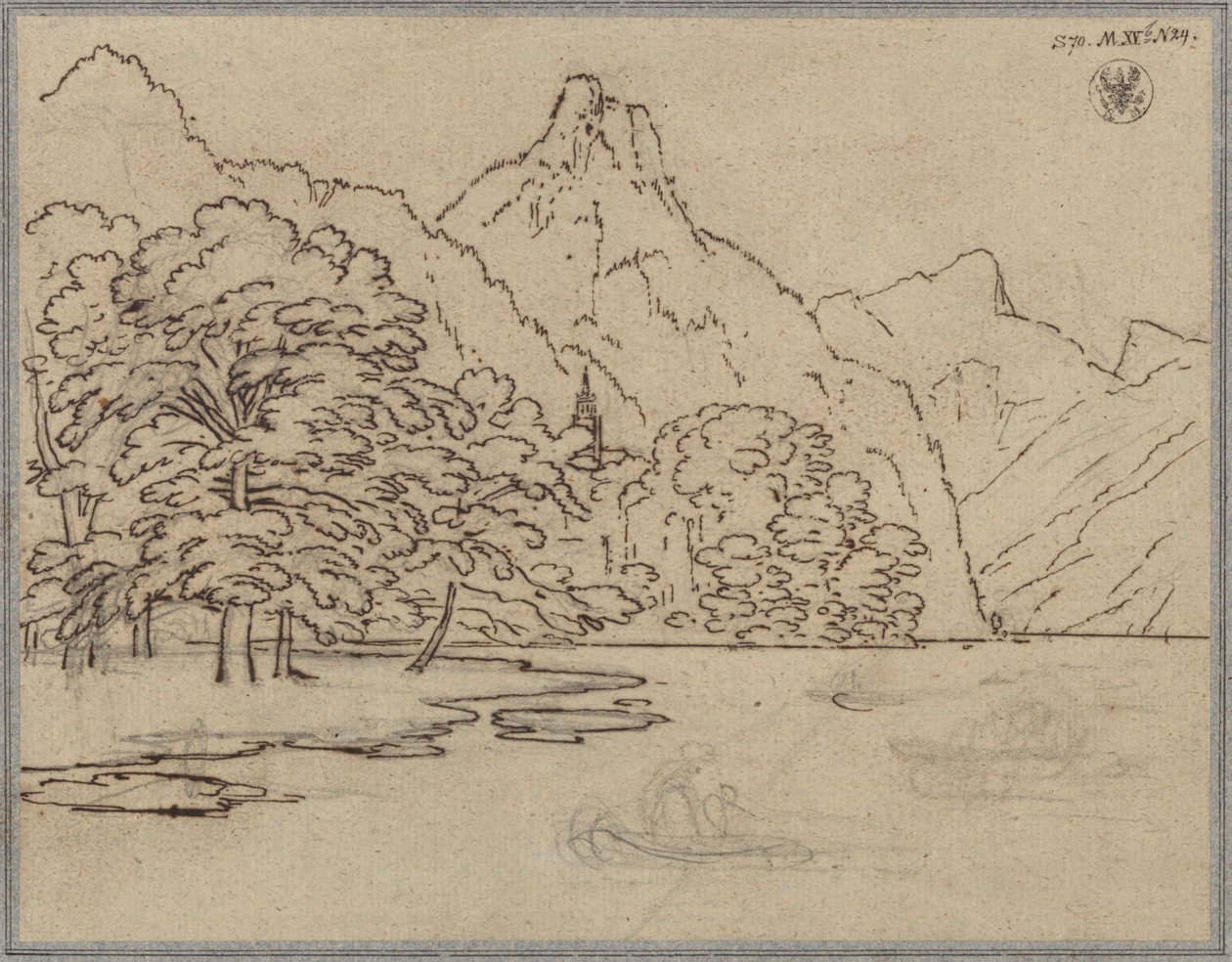 Berglandschap met een meer, waarschijnlijk de Traunsee met de Kleine Sonnstein door Karl Friedrich Schinkel