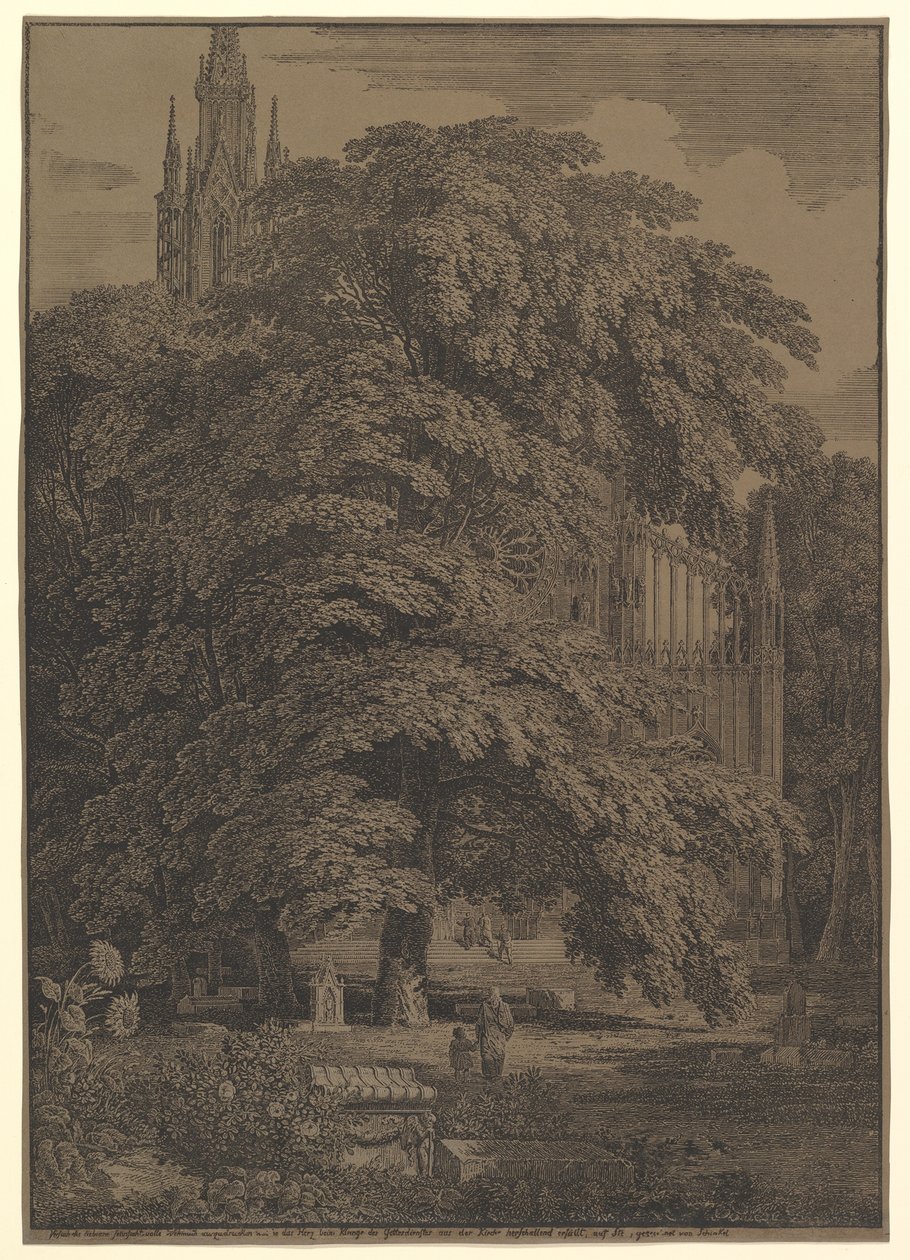 Gotische kerk verborgen door een boom door Karl Friedrich Schinkel