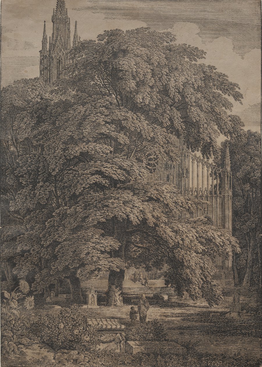 Gotische kerk tussen eiken door Karl Friedrich Schinkel