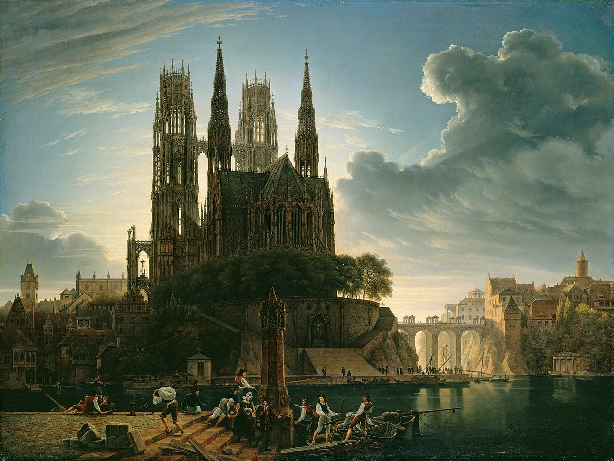 Gotische kathedraal aan het water door Karl Friedrich Schinkel