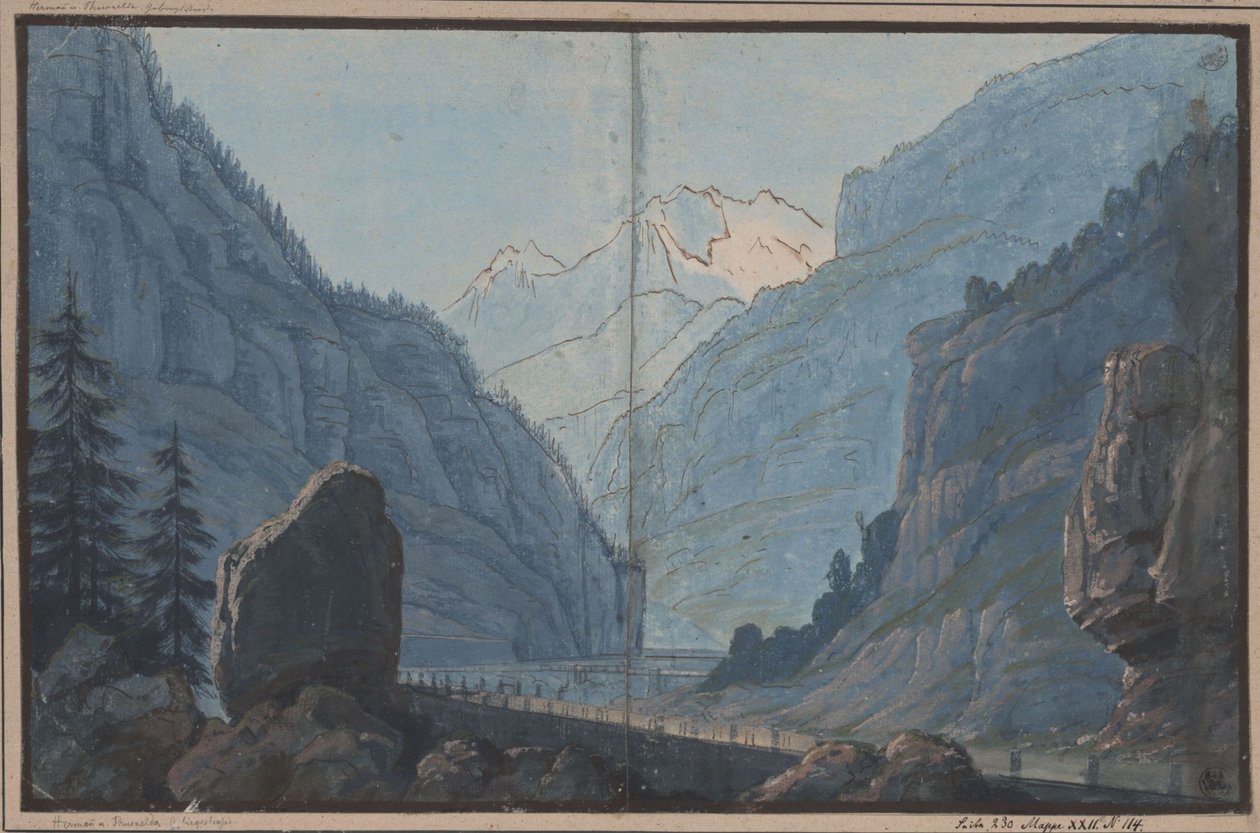 Herrmann en Thusnelda. Toneelstuk van August von Kotzebue. Ontwerp voor het 5e decor. Bergweg door Karl Friedrich Schinkel