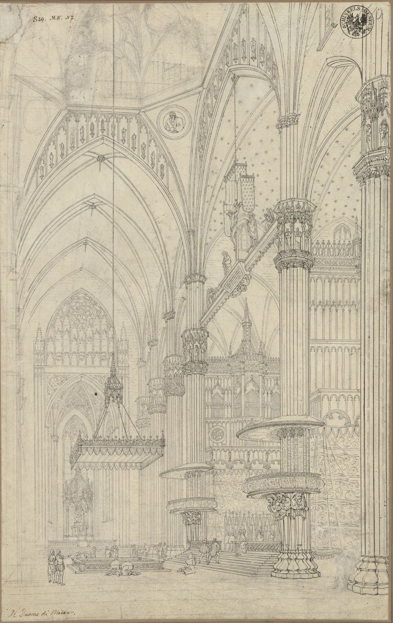 „Binnenaanzicht van het transept van de Dom van Milaan“ / Gezicht op de viering en het noordelijke transept van de Dom van Milaan door Karl Friedrich Schinkel