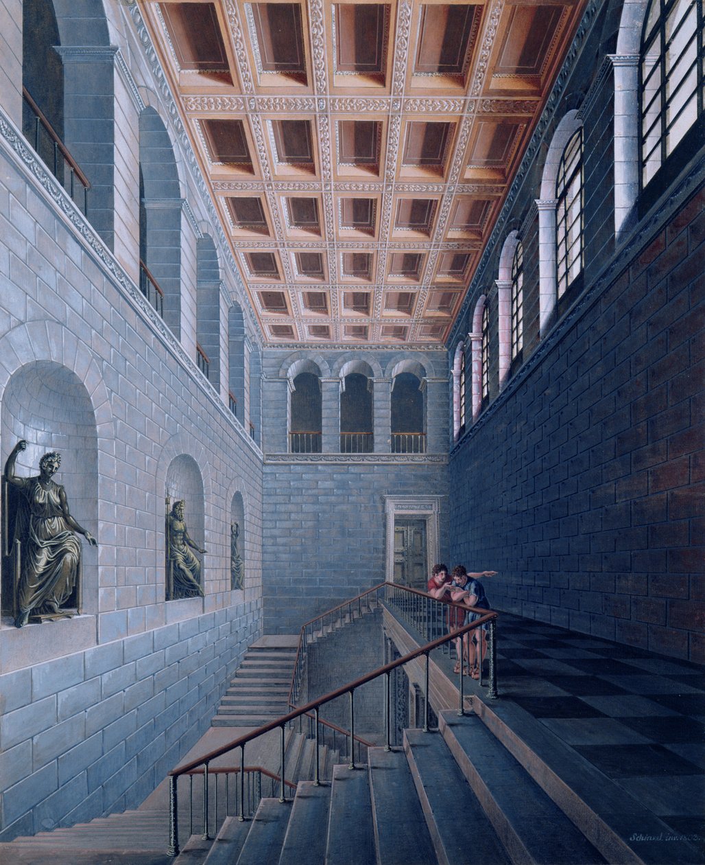 Interieurzicht van een trap, ontwerp voor een kasteel in Koestritz, 1802-03 door Karl Friedrich Schinkel