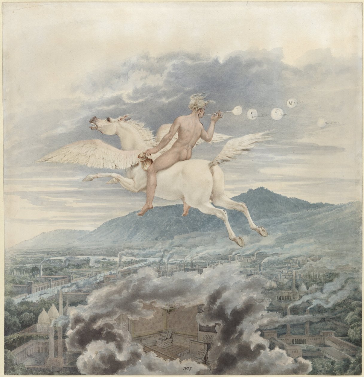 Karl Friedrich Schinkel - Vrouwenfiguur die bellen blaast, als allegorie van Christian Peter Wilhelm Beuth, die op Pegasus over een industriestad rijdt - 1837 door Karl Friedrich Schinkel