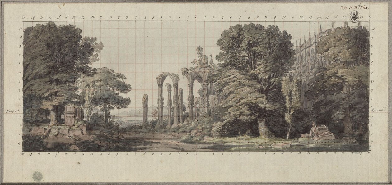 Kerk en ruïnes van een gotisch klooster onder de bomen door Karl Friedrich Schinkel