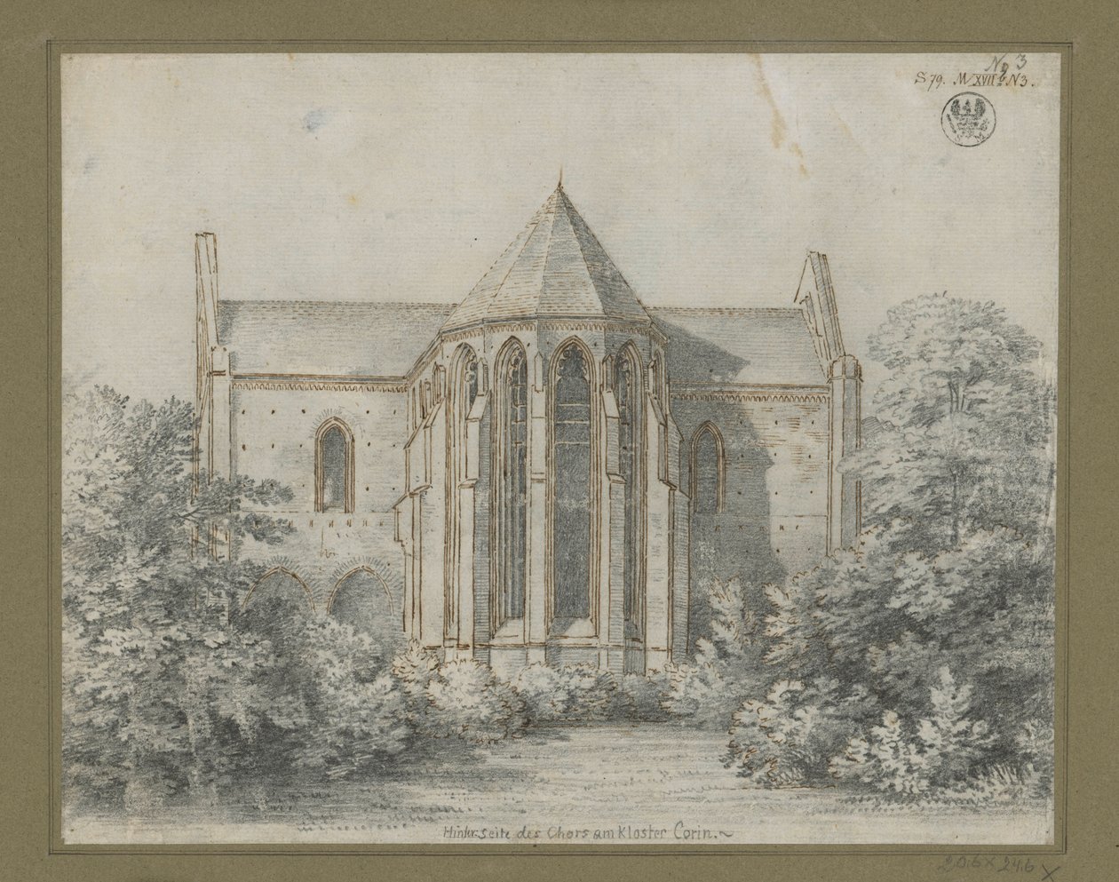 Klooster Chorin. Gezicht op de kerk vanuit het oosten door Karl Friedrich Schinkel