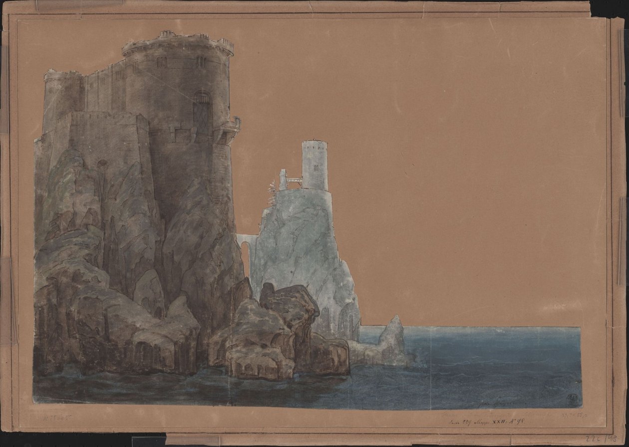 Koning Yngurd. Treurspel van Adolf Müllner. Ontwerp voor het 4e decor. Toren met de Doodspoort aan zee door Karl Friedrich Schinkel