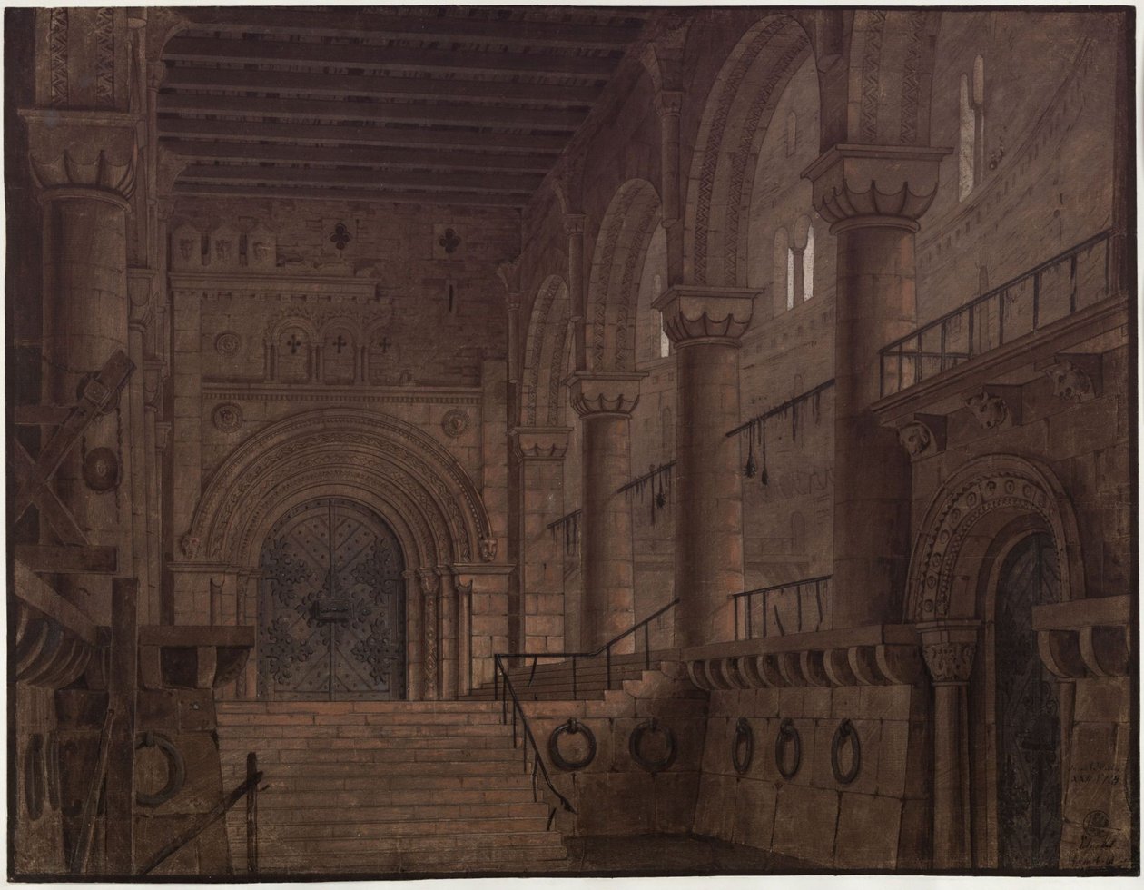 Koning Yngurd. Tragedie van Adolf Müllner. Ontwerp voor het 5e decor. Zaal in de toren met de Poort des Doods door Karl Friedrich Schinkel