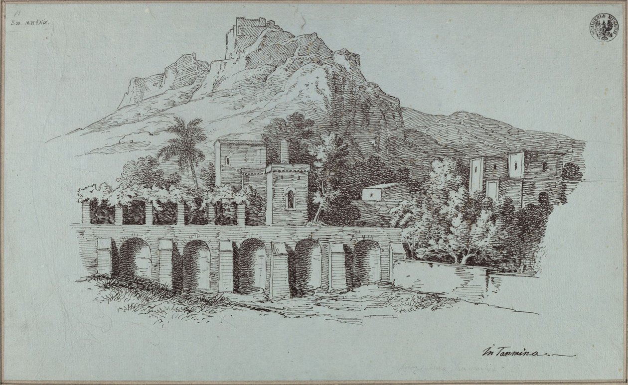 Landschap bij Taormina met een steunmuur uit de Romeinse tijd door Karl Friedrich Schinkel