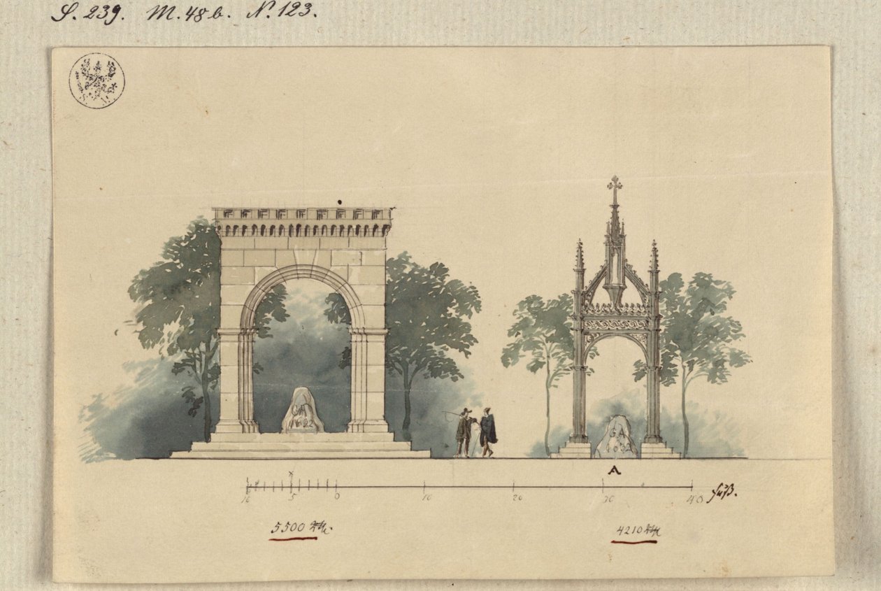 Lützen. Ontwerp voor een monument voor koning Gustaaf II Adolf van Zweden als aan vier zijden open zuilenhal en als tabernakel boven de Zweedse steen door Karl Friedrich Schinkel