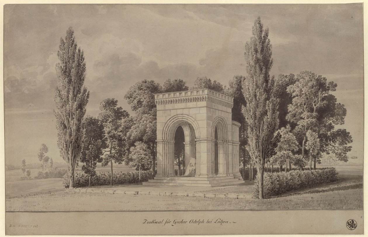 Lützen. Ontwerp voor een monument voor koning Gustaaf II Adolf van Zweden in de vorm van een romaanse hal boven de Zweedse Steen met aangebouwde apsis. Aanzicht door Karl Friedrich Schinkel