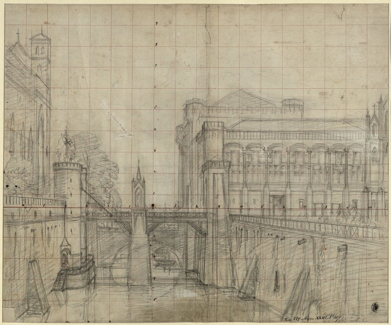 Malbork bij Gdańsk. De burcht van Malbork. Gezicht op de slotgracht en de binnenplaatsgevel van het paleis van de grootmeester door Karl Friedrich Schinkel