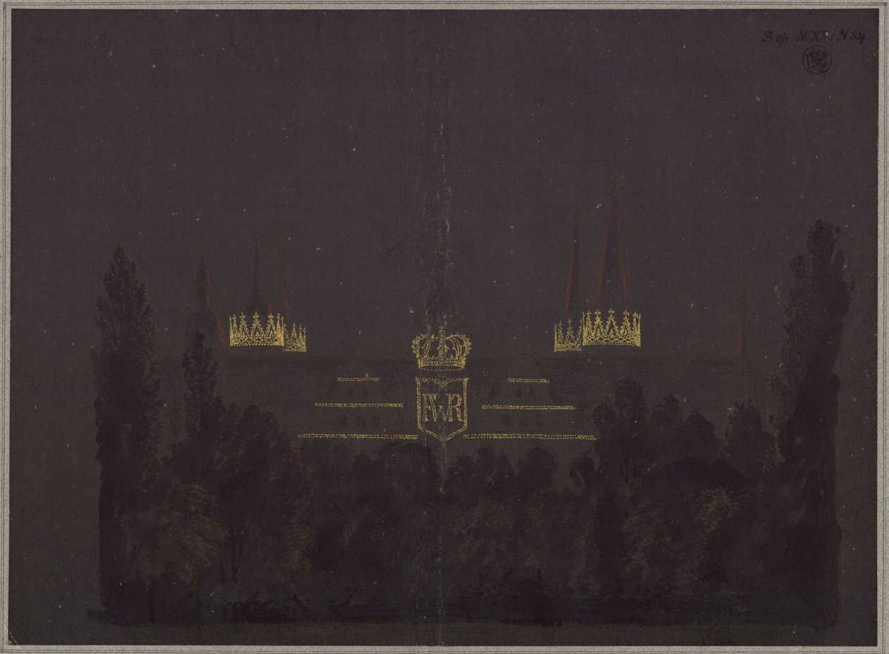 Merseburg. Slot. Ontwerp voor de verlichting van het slot ter gelegenheid van de huldigingsfeesten voor Frederik Willem III van Pruisen door Karl Friedrich Schinkel