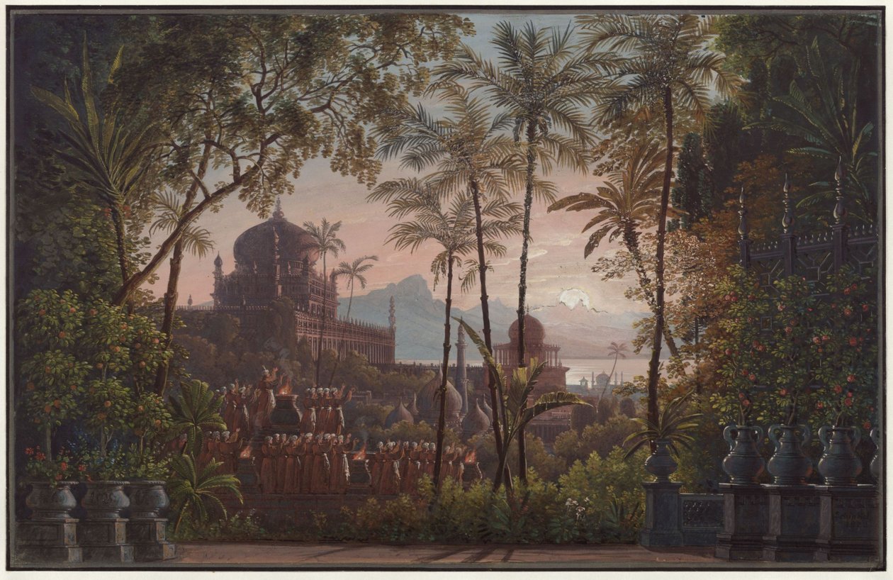 Nurmahal of het Rozenfeest van Kasjmir. Opera van Gaspare Spontini. Ontwerp voor het eerste decor. Paleistuinen met uitzicht op Kasjmir door Karl Friedrich Schinkel