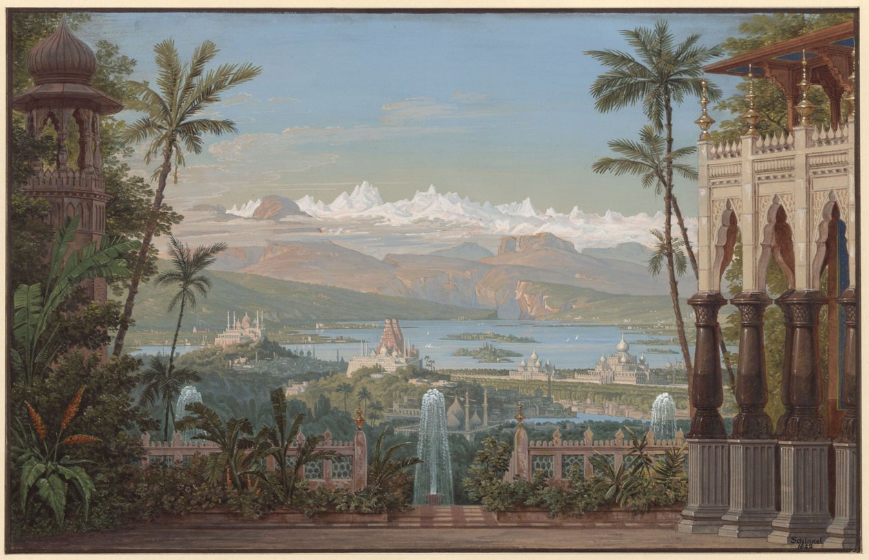 Nurmahal of het Rozenfeest van Kasjmir. Opera van Gaspare Spontini. Ontwerp voor het tweede decor. Tuinterras met uitzicht op de Kasjmirvallei door Karl Friedrich Schinkel