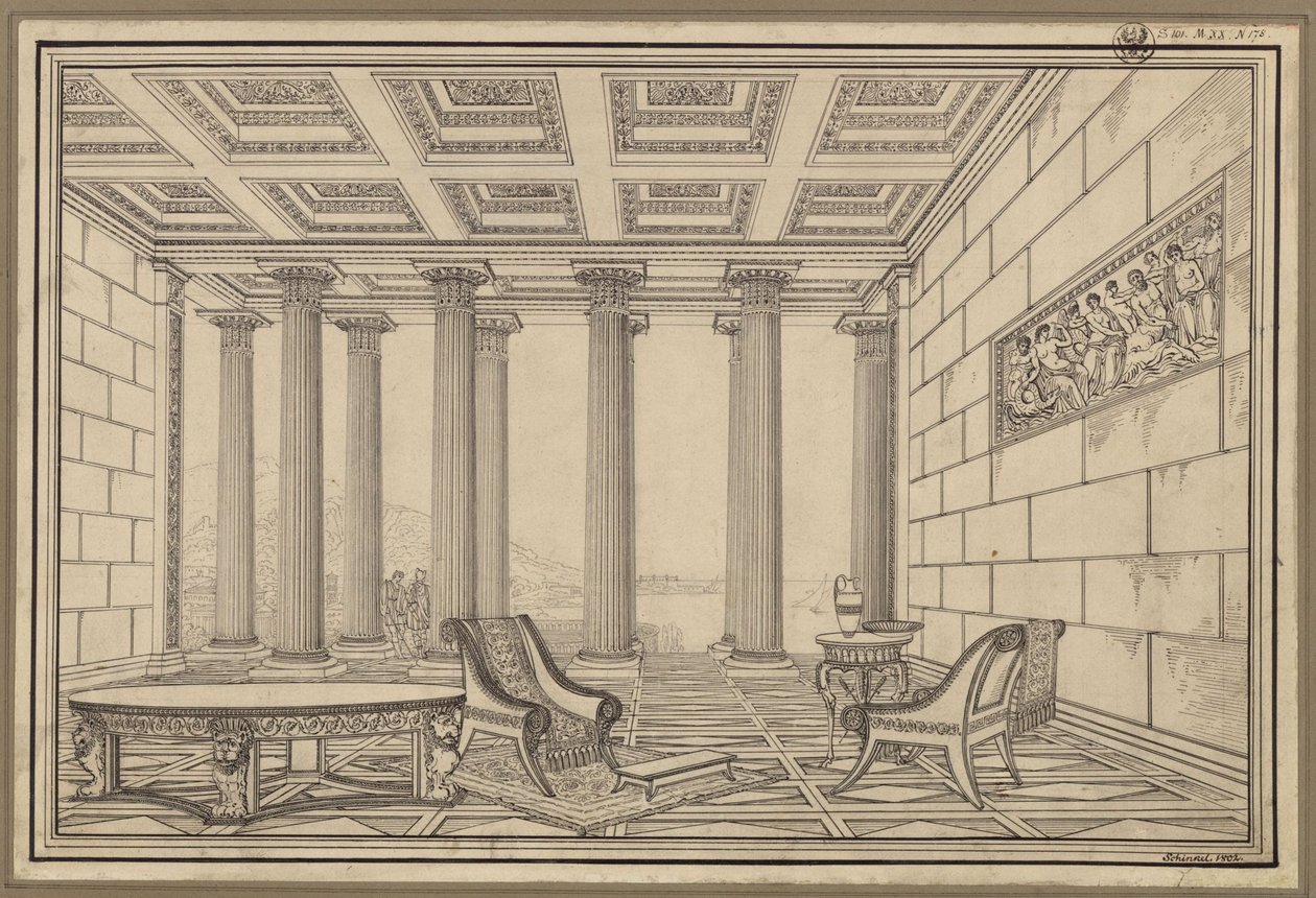 Open hal aan zee in antieke stijl door Karl Friedrich Schinkel