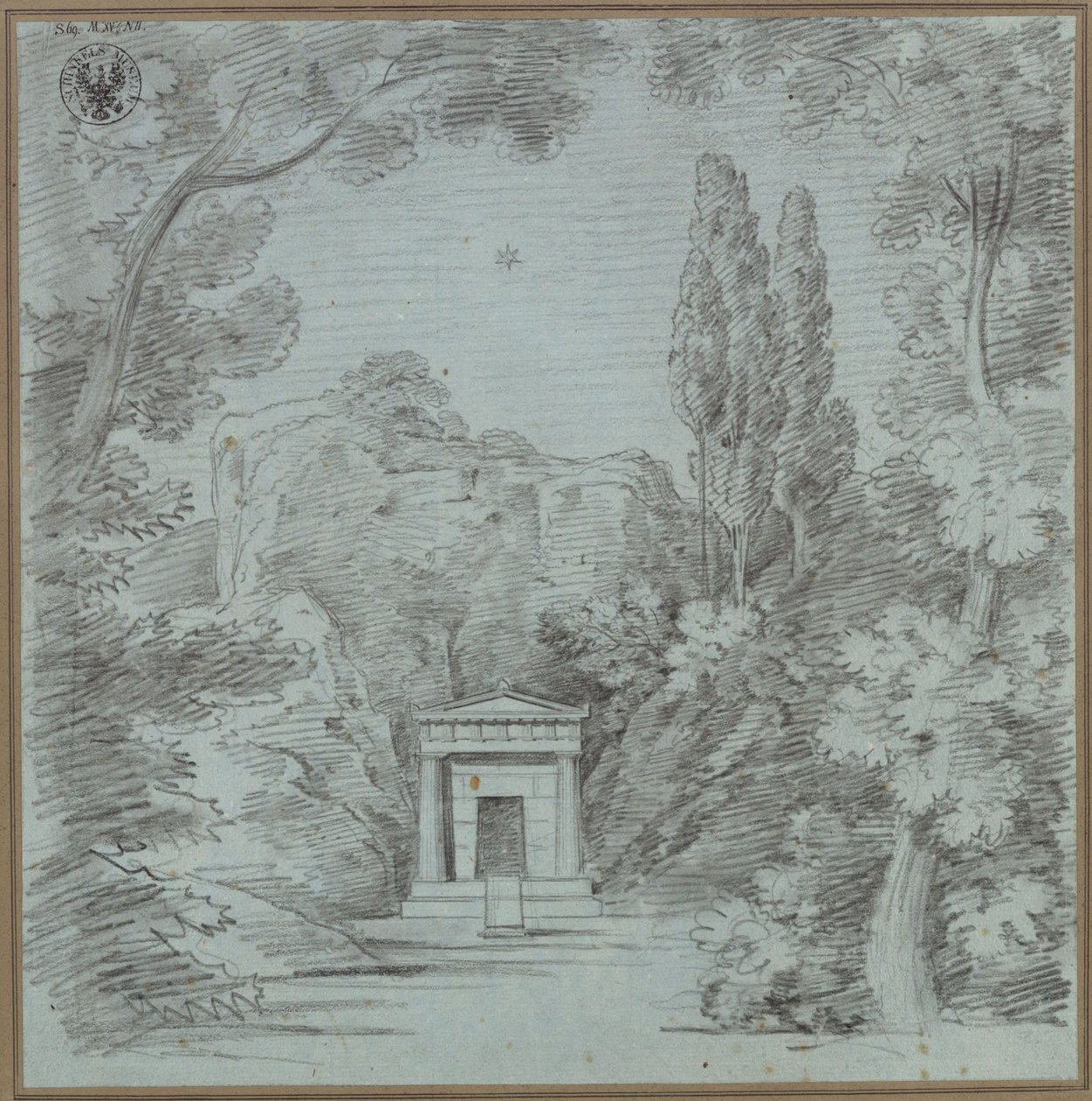 Orpheus en Eurydice. Opera van Christoph Willibald Gluck. Ontwerp voor de 1e decoratie (?). Ontwerp voor een mausoleum op een rots door Karl Friedrich Schinkel